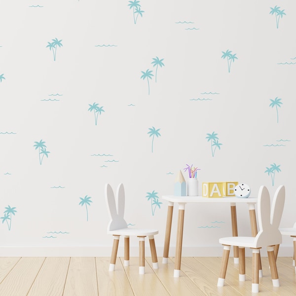 Palm Tree and Wave Wall Decals / Beach Wall Decal / Ocean Wall Stickers / Nursery Decals / Removable Vinyl / Modern Kids Room