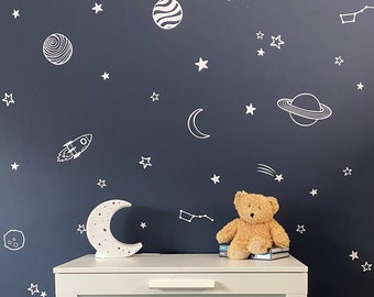 Calcomanías de pared espacial / Estrellas, Planetas, Estrellas fugaces /Pegatinas de pared de cohetes / Decoración de guardería / Habitación para niños