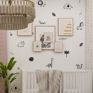 Vinilos decorativos de animales de la selva, decoración infantil estilo safari, pegatinas de pared con contornos de animales, arte mural de león, elefante y jirafa para guardería, decoración para habitaciones infantiles