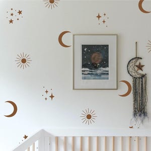 Celestial Sun Moon Stars Wall Decals, Boho Nursery Galaxy Stickers, Kids Space Art