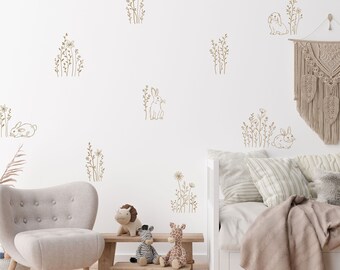 Bunny Wall Decals / Wildflower Stickers / Removable Vinyl  / Nursery Decor / Springtime / Meadow