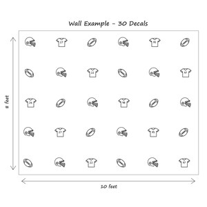 May include: A wall display featuring 30 black line art decals of football helmets, jerseys with numbers, and footballs arranged in a grid. The layout is labelled Wall Example - 30 Decals, with dimension arrows indicating a height of 8 feet and width of 10 feet.