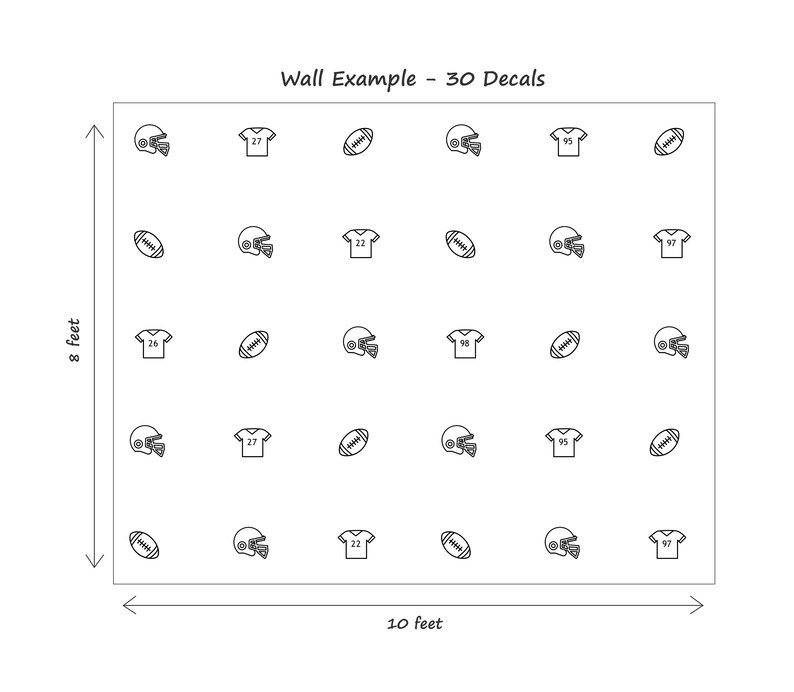 May include: A wall display featuring 30 black line art decals of football helmets, jerseys with numbers, and footballs arranged in a grid. The layout is labelled Wall Example - 30 Decals, with dimension arrows indicating a height of 8 feet and width of 10 feet.