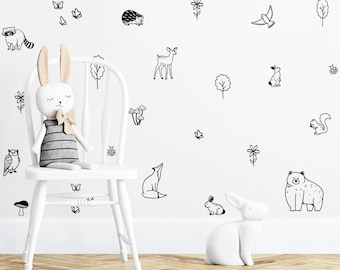 Wandtattoos mit Waldtieren, Wald-Kinderzimmerdeko, Hirsch, Bär, Eule, Hase, Pilze