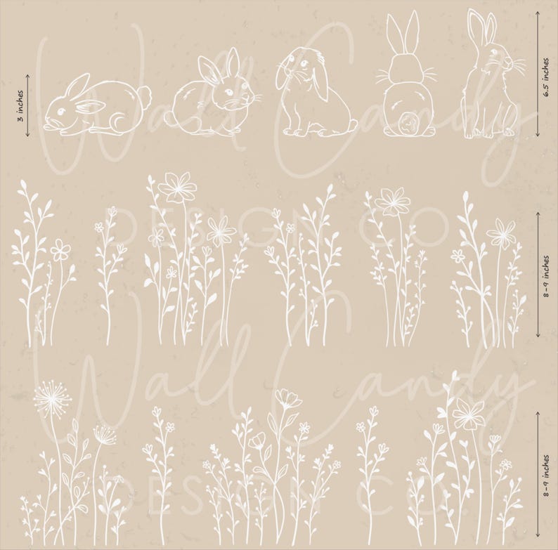 K&ouml;nnte beinhalten: Eine Sammlung wei&szlig;er Strichzeichnungen mit f&uuml;nf Kaninchen und verschiedenen Wildblumenst&auml;ngeln auf beigem Hintergrund. Die Kaninchen sind 3 und 6,5 Zoll hoch, w&auml;hrend die Blumenst&auml;ngel eine H&ouml;he von 8 bis 9 Zoll aufweisen.