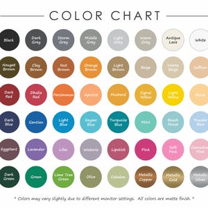 K&ouml;nnte beinhalten: Eine Farbkarte mit achtundvierzig kreisf&ouml;rmigen Farbfeldern, angeordnet in sechs Reihen zu je acht. Jeder Kreis zeigt eine Farbe mit dem entsprechenden Namen in schwarzer Schrift. Der Titel COLOR CHART steht oben, und ein Hinweis zu Monitoreinstellungen und matter Oberfl&auml;che befindet sich unten.