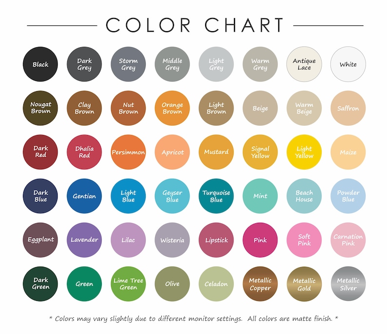 K&ouml;nnte beinhalten: Eine Farbkarte mit achtundvierzig kreisf&ouml;rmigen Farbfeldern, angeordnet in sechs Reihen zu je acht. Jeder Kreis zeigt eine Farbe mit dem entsprechenden Namen in schwarzer Schrift. Der Titel COLOR CHART steht oben, und ein Hinweis zu Monitoreinstellungen und matter Oberfl&auml;che befindet sich unten.