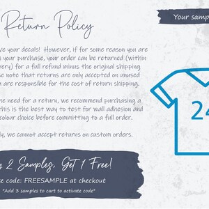 May include: A white informational graphic featuring the text Return Policy and Your sample includes. A blue outline of a t-shirt with the number 24 centred on the chest is displayed. The bottom section contains the text Buy 2 Samples, Get 1 Free!