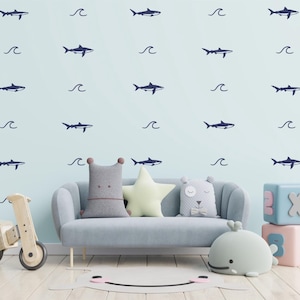 Shark & Waves Wall Decals / Shark Nursery /Kids Playroom Ocean Theme /Removable Stickers / Under the Sea