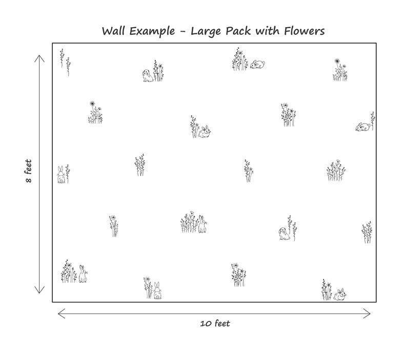 K&ouml;nnte beinhalten: Ein Wandaufkleber-Set mit schwarzen Strichzeichnungen von Kaninchen und Wildblumen auf wei&szlig;em Grund. Der Text Wall Example - Large Pack with Flowers steht oben. Pfeile zeigen Abmessungen von 2,44 m mal 3,05 m f&uuml;r die Darstellung an.
