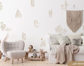 Bunny & Wildflower Wall Decals, Minimalist Rabbit Nursery Decor, Floral Wall Stickers, Woodland Baby Room Decals, Neutral Nursery Wall Art