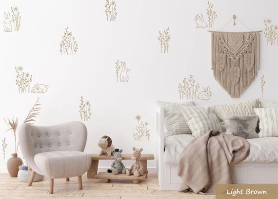 Bunny & Wildflower Wall Decals, Minimalist Rabbit Nursery Decor, Floral Wall Stickers, Woodland Baby Room Decals, Neutral Nursery Wall Art