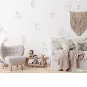 Wandaufkleber Hase & Wildblumen, Minimalistisches Kaninchen-Kinderzimmer-Dekor, Blumen-Wandaufkleber, Wald-Baby-Abziehbild, neutrale Kinderzimmer-Wandkunst Bild 5