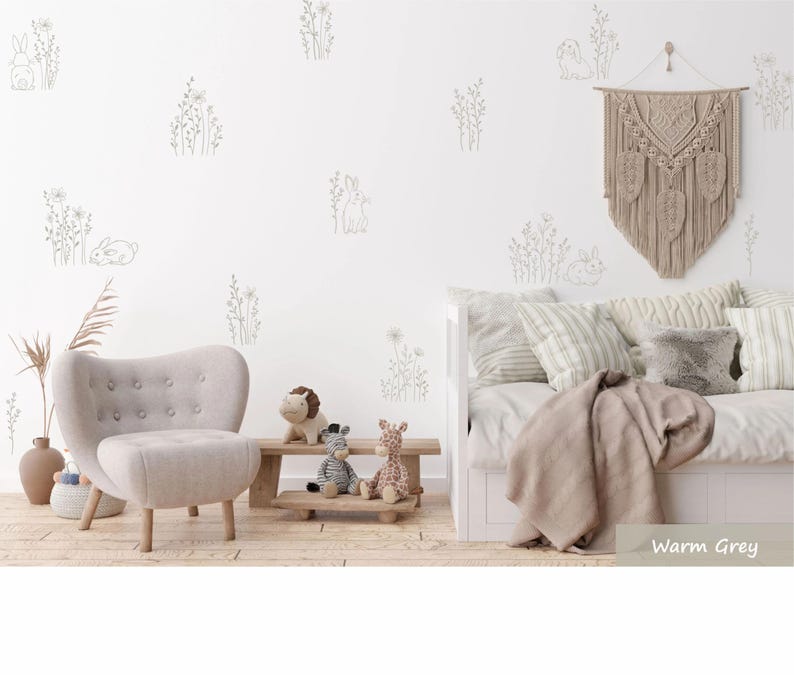 Wandaufkleber Hase & Wildblumen, Minimalistisches Kaninchen-Kinderzimmer-Dekor, Blumen-Wandaufkleber, Wald-Baby-Abziehbild, neutrale Kinderzimmer-Wandkunst Bild 5