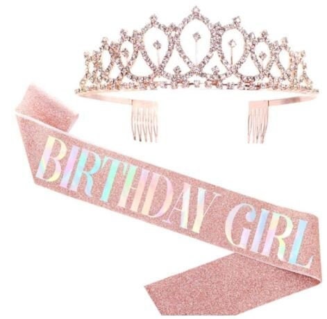 Pink Birthday Sash Rhinestone Crown Diadema Tiara Happy Birthday Banner Kit Pink Crystal 