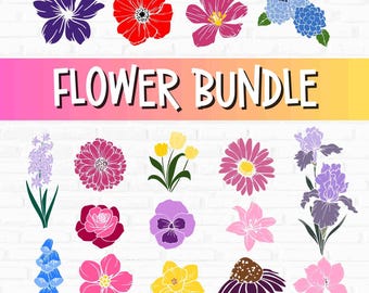 Flower SVG Bundle Floral Cut Files for Cricut Colorful Botanical Clipart Daisy Rose Tulip Iris Lily DIY Shirt Decal Craft Design
