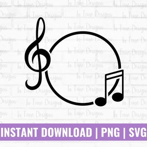 Puede incluir: Diseño musical en blanco y negro con una clave de sol, una nota musical y un círculo. El texto "INSTANT DOWNLOAD | PNG | SVG" está en la parte inferior. Ideal para manualidades y proyectos con temática musical.