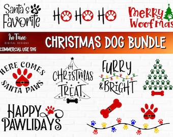 May include: A collection of Christmas-themed dog-themed SVG designs. The designs include phrases like "Santa's Favorite," "Merry Woofmas," and "Happy Pawlidays," along with paw prints, dog bones, and Christmas tree graphics. The designs are in black and red.