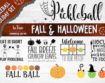May include: A digital design set with a fall and Halloween theme, featuring pickleball-related graphics. The design includes text such as "Pickleball Holiday Set", "Fall & Halloween", and phrases like "Life is Short Play Pickleball". The color palette includes orange, brown, and black.