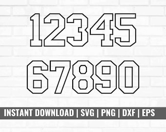 May include: Black outlined numbers 1 through 0 in a bold, blocky font. The numbers are arranged in two rows against a white brick wall background. The words "INSTANT DOWNLOAD | SVG | PNG | DXF | EPS" are at the bottom.