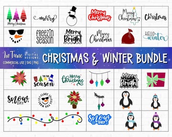 Puede incluir: Un paquete de descarga digital de 20 archivos SVG con temática navideña e invernal. Las imágenes incluyen un muñeco de nieve, pingüinos, un árbol de Navidad, una media, una caja de regalo, una flor de pascua, una corona y más. El texto "Feliz Navidad" y "Hola Invierno" están incluidos en las imágenes.