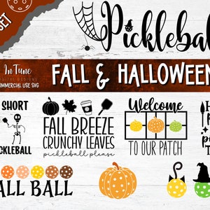 May include: A set of 10 digital designs for pickleball players featuring a fall and Halloween theme. The designs include phrases like "Life is short, play pickleball", "Fall breeze, crunchy leaves, pickleball please", "Welcome to our patch", and "Hocus pocus, I need pickleball to focus".