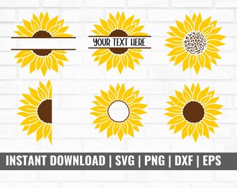 May include: Set of six sunflower SVG cut files. The sunflowers are yellow with brown centers. Some of the sunflowers have a blank space in the center for adding text. One sunflower has a leopard print center. The text "YOUR TEXT HERE" is included in one of the designs.