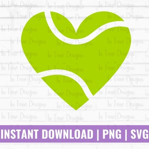 May include: A green tennis ball shaped like a heart. The ball has white stitching and is on a white brick background. The text "INSTANT DOWNLOAD | PNG | SVG" is at the bottom of the image.