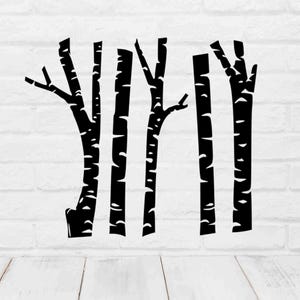 May include: Black and white birch tree wall decal. The decal features five stylized birch trees with detailed bark patterns and branches. The trees are arranged vertically against a white brick wall background.