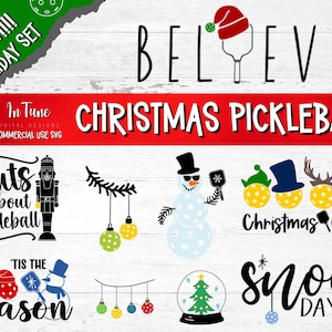 May include: A set of digital designs for Christmas pickleball. The designs feature a variety of Christmas themes, including a snowman, a nutcracker, a Christmas tree, and a pickleball paddle. The text "Believe", "Nuts about Pickleball", "'Tis the season", "Christmas Crew", and "Snow Day" is included in the designs.
