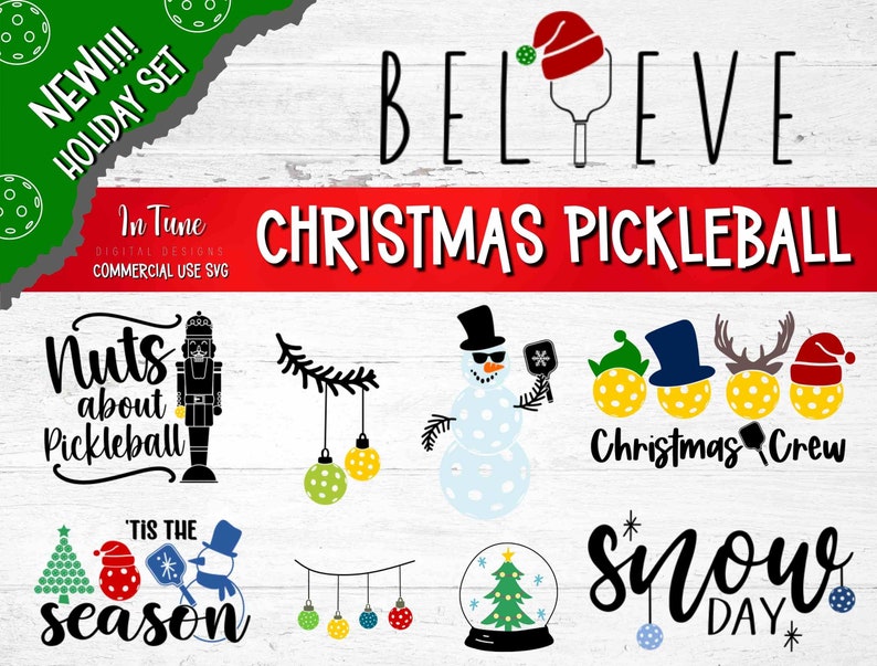 May include: A set of digital designs for Christmas pickleball. The designs feature a variety of Christmas themes, including a snowman, a nutcracker, a Christmas tree, and a pickleball paddle. The text "Believe", "Nuts about Pickleball", "'Tis the season", "Christmas Crew", and "Snow Day" is included in the designs.