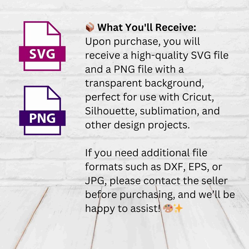 Pu&ograve; includere: Un'illustrazione digitale di una cartella di file etichettata come "SVG" e un'altra cartella di file etichettata come "PNG". Il testo "What You'll Receive:" &egrave; visualizzato sopra le cartelle. Il testo sotto le cartelle spiega che all'acquisto, riceverai un file SVG di alta qualit&agrave; e un file PNG con uno sfondo trasparente, perfetto per l'uso con Cricut, Silhouette, sublimazione e altri progetti di design. Il testo indica anche che se hai bisogno di formati di file aggiuntivi come DXF, EPS o JPG, contatta il venditore prima di acquistare, e saremo lieti di aiutarti!.