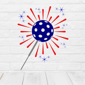 Peut inclure: Illustration patriotique d'un feu d'artifice. Il présente une sphère bleue à pois blancs, entourée d'éclats rouges et d'étoiles bleues. Un bâton gris s'étend de la sphère, sur un mur de briques blanches et un sol en bois.