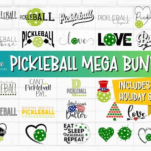 May include: A digital download bundle of pickleball-themed designs. The designs include various phrases and images, such as "Pickleball Vibes", "Love Pickleball", and "Pickleball Baller". The bundle also includes holiday-themed designs.