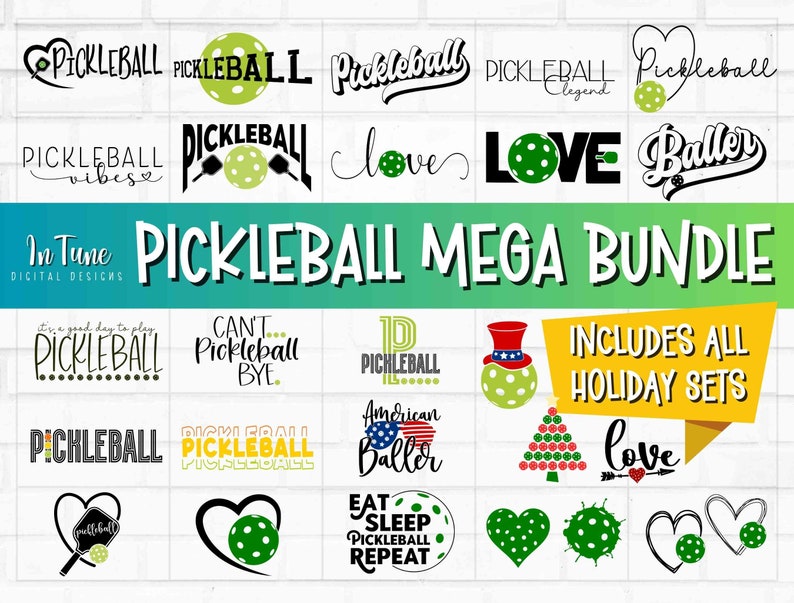 May include: A digital download bundle of pickleball-themed designs. The designs include various phrases and images, such as "Pickleball Vibes", "Love Pickleball", and "Pickleball Baller". The bundle also includes holiday-themed designs.