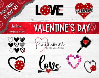May include: A set of Valentine's Day themed pickleball designs. The designs feature hearts, paddles, and the words "Love" and "Pickleball is my Valentine".