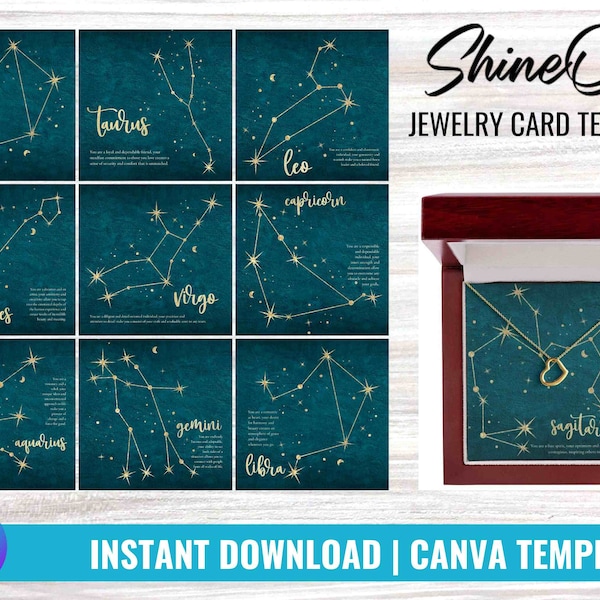 Zodiac Canva template for jewelry card, Zodiac necklace message card for Shineon, Zodiac birthday necklace with message card digital design