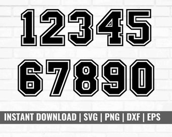 Sportjerseynummers svg-bundel, varsity-nummers svg, jerseynummers voor shirts, individuele jerseynummers voor vrouwen, nummers svg
