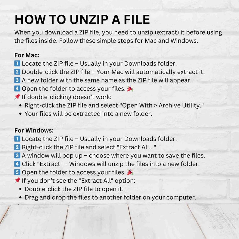 Pu&ograve; includere: Una guida passo passo su come decomprimere un file su computer Mac e Windows. La guida include istruzioni su come individuare il file ZIP, fare doppio clic su di esso e aprire la cartella per accedere ai file. Fornisce anche passaggi alternativi per quando il doppio clic non funziona.