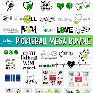 May include: A collection of 30 pickleball themed digital designs, including logos, phrases, and graphics. The designs feature a variety of colors, including green, red, white, blue, and black. The designs are perfect for creating t-shirts, mugs, stickers, and other crafts.