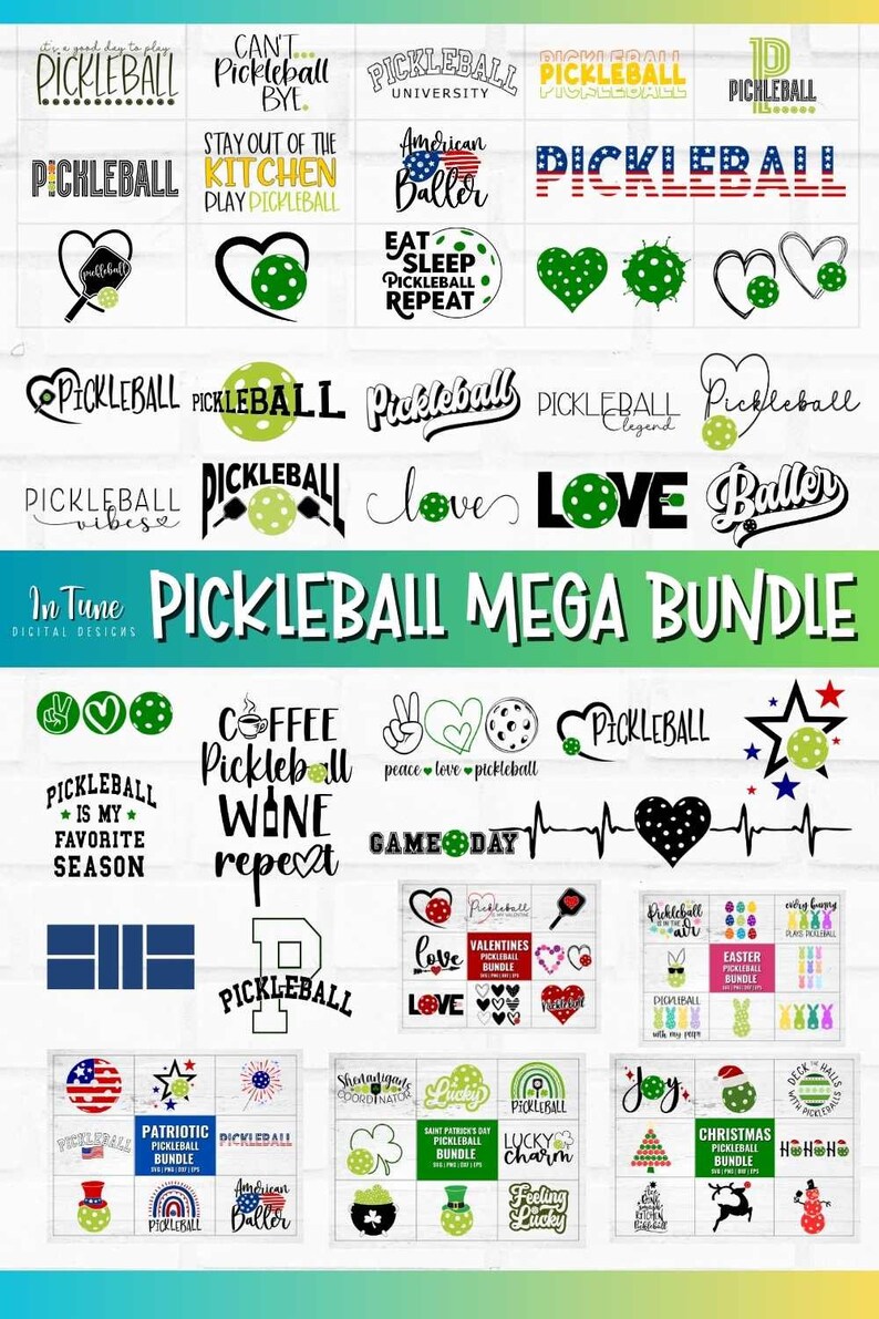 May include: A collection of 30 pickleball themed digital designs, including logos, phrases, and graphics. The designs feature a variety of colors, including green, red, white, blue, and black. The designs are perfect for creating t-shirts, mugs, stickers, and other crafts.