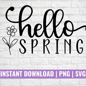 Könnte beinhalten: Schwarz-weißes Grafikdesign mit dem Text "hello spring" und einer stilisierten Blume. Das Design befindet sich auf einem weißen Ziegelhintergrund.