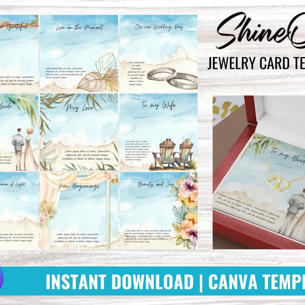 Beach Wedding jewelry message card template, Shineon message card Canva template, Jewelry print on demand message cards, Beach love design