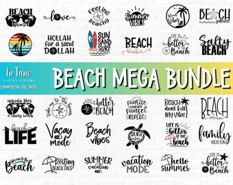 May include: A collection of 24 beach-themed SVG designs, perfect for crafting projects. The designs feature various beach-related phrases and images, including palm trees, seashells, sunglasses, and the words "Beach", "Summer", and "Vacation".
