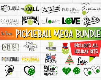 May include: A digital design bundle featuring various pickleball-themed graphics, including logos, slogans, and holiday-themed designs. The text "Pickleball Mega Bundle" is prominently displayed in the center of the image.