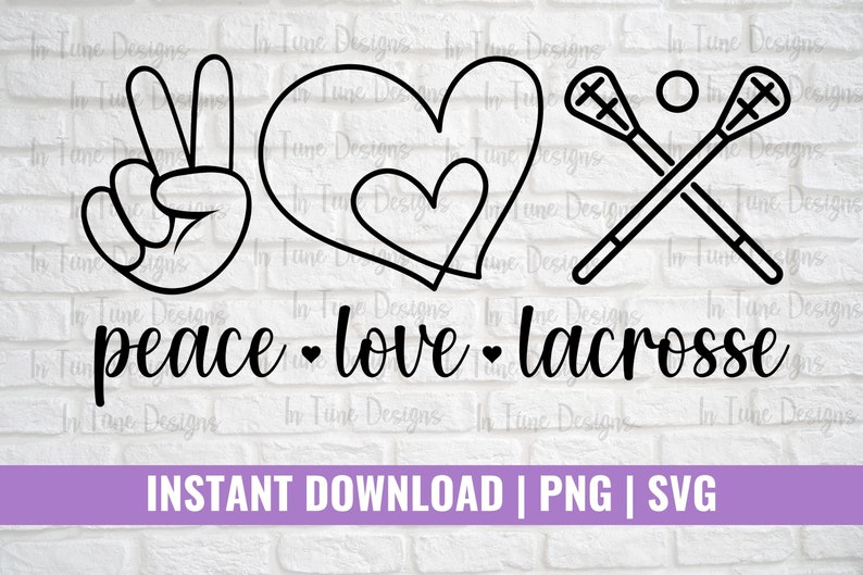 Pu&ograve; includere: Grafica in bianco e nero con un segno di pace, un cuore e due bastoni da lacrosse incrociati. Il testo "peace - love - lacrosse" &egrave; sotto la grafica. Il testo "INSTANT DOWNLOAD | PNG | SVG" &egrave; in fondo all'immagine.