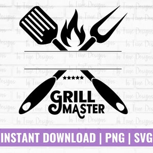 Puede incluir: Diseño en blanco y negro de Grill Master con espátula, tenedor para asar y llamas. El texto "GRILL MASTER" se muestra debajo de los utensilios cruzados, con "DESCARGA INSTANTÁNEA | PNG | SVG" en la parte inferior.