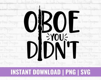 Puede incluir: Diseño gráfico en blanco y negro con el texto "Oboe You Didn't" y una imagen estilizada de un oboe.
