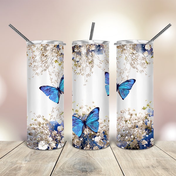 20 Oz skinny Tumbler Blue Butterflies wrap tapered straight template digital download sublimation graphics  instant download  sublimation