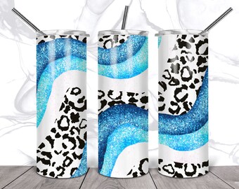 Design leopardato glitter blu 20 Oz skinny Tumbler avvolgente modello dritto affusolato download digitale grafica a sublimazione download immediato png